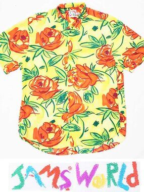 Jams World Vintage Men's Bright Floral Roses Rayon Button Down Shirt Yellow Red